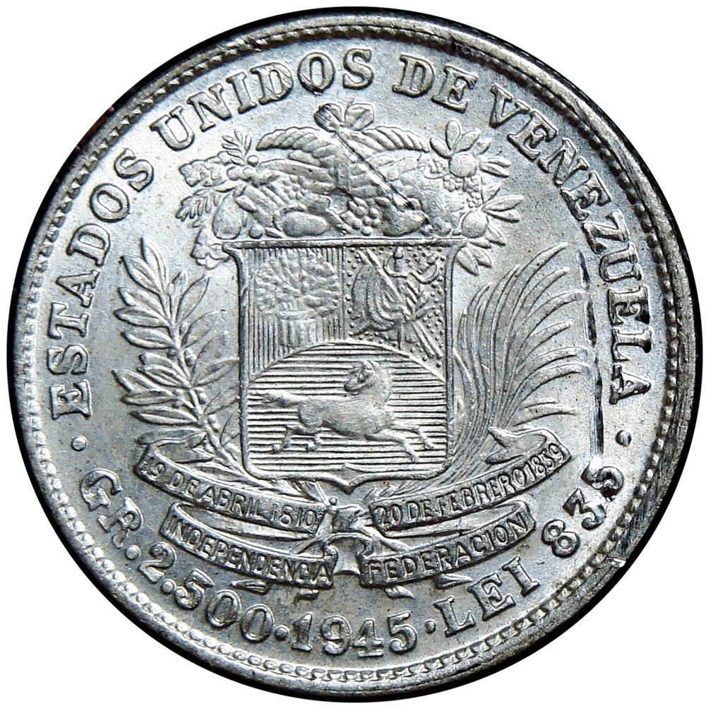 Moneda 50 Céntimos 1945 Real de Plata - ½ Bolívar  - Numisfila