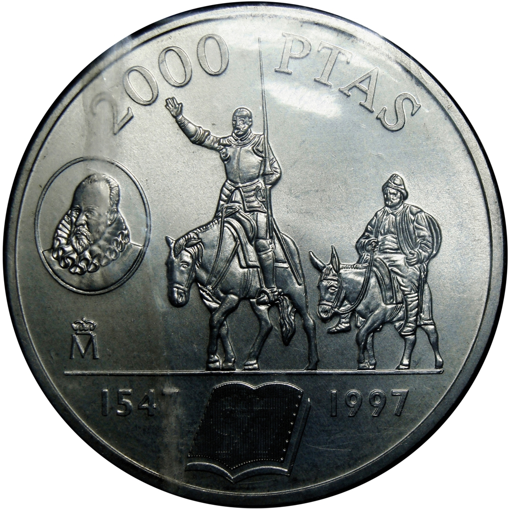 España Moneda de Plata 2000 Pesetas 1997 Don Quijote y Sancho Panza Miguel de Cervantes - Numisfila