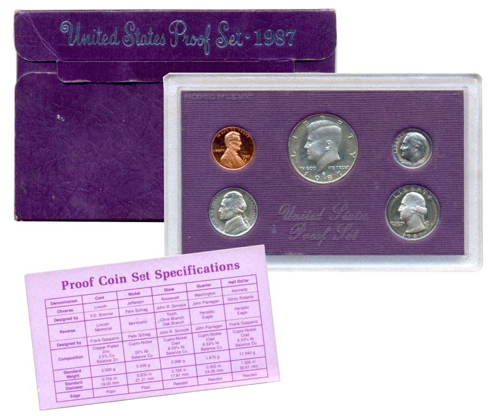 Estuche 5 Monedas EE.UU. 1987 Proof Set: One Cent, 5 Cents, One Dime, Quater Dollar y Half Dollar - Numisfila