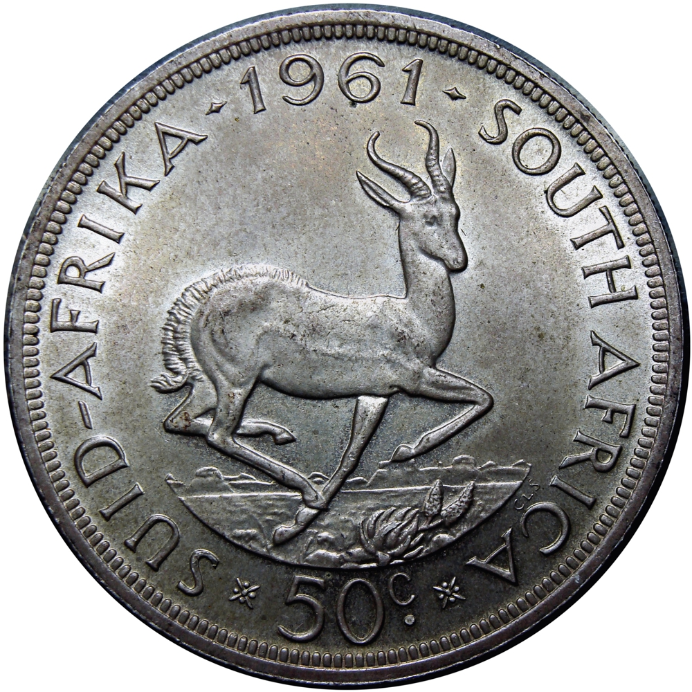 Sudáfrica Moneda de Plata 50 Cents 1961 Jan Van Riebeeck y Gacela Saltarina - Numisfila