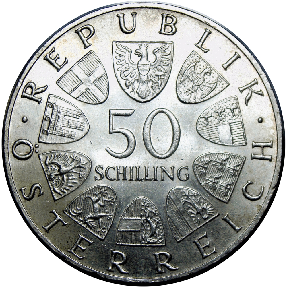 Austria Moneda de Plata 50 Schilling 1965 Universidad de Viena 600 Años  - Numisfila