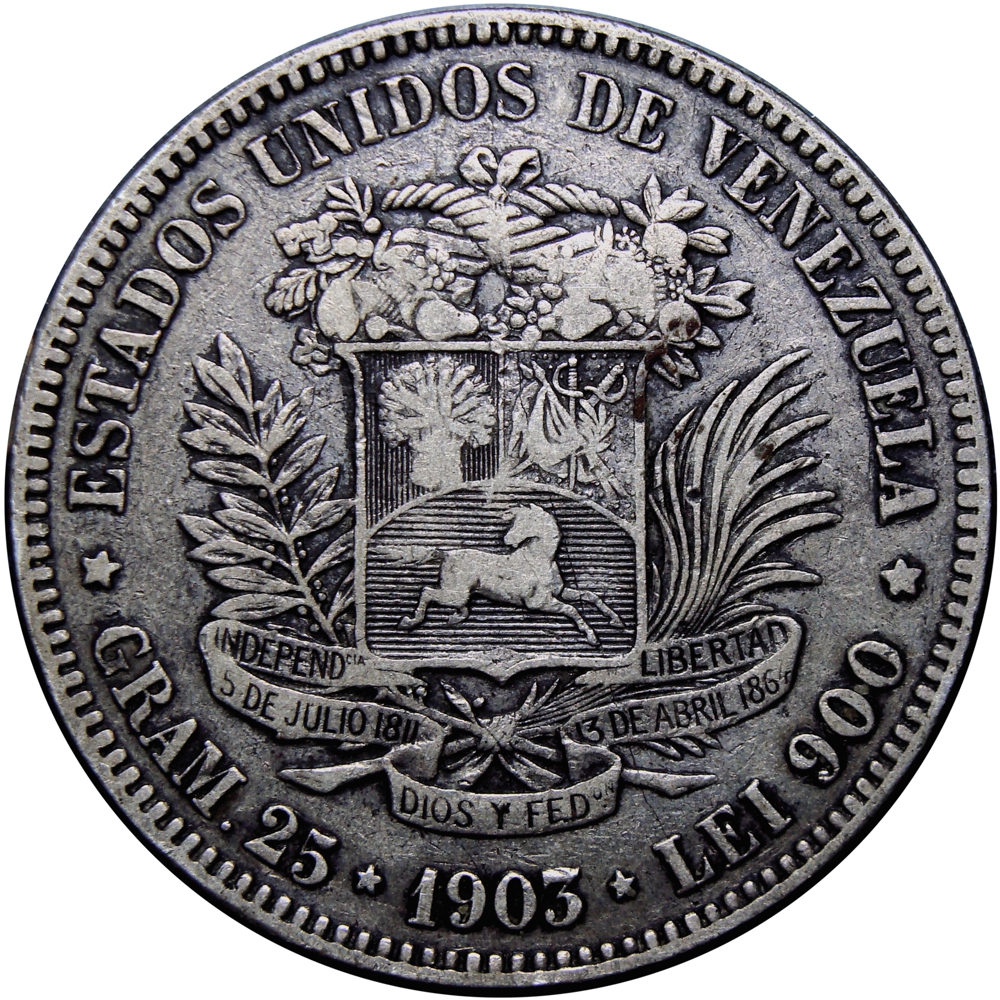 Fuerte de Plata Moneda 5 Bolívares 1903 - Numisfila