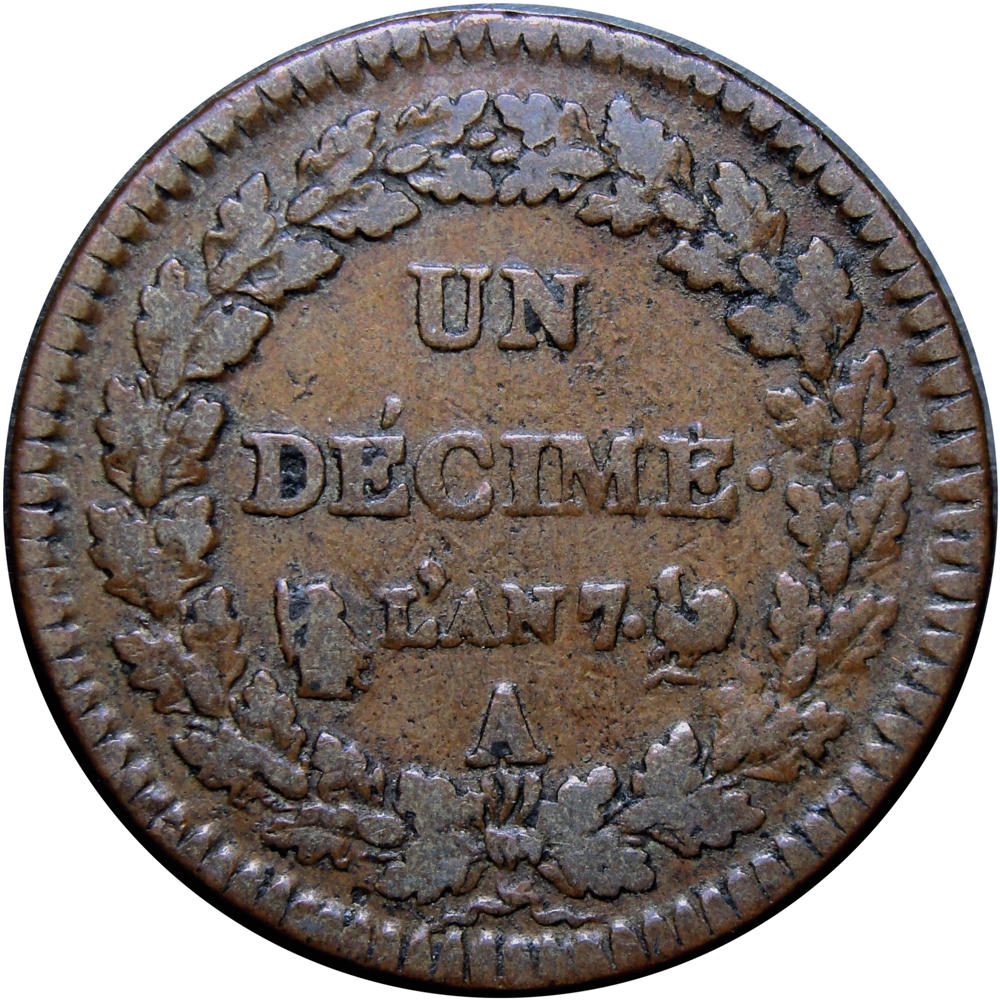 Francia Moneda de Cobre Un Décime LAN 7 / 1798 A  - Numisfila