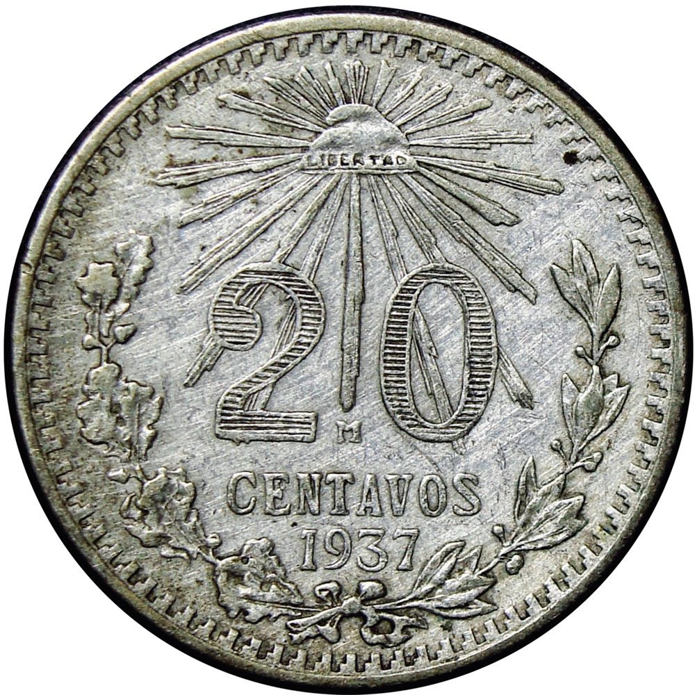 México Moneda de Plata 20 Centavos 1937 Águila Real - Numisfila