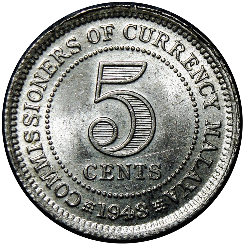 Malaya Moneda 5 Cents 1943 Jorge VI - Plata Ley 500  - Numisfila