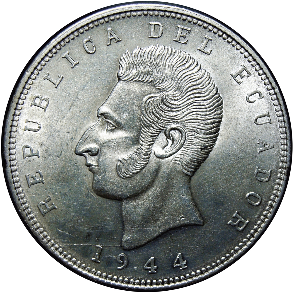 Ecuador Moneda de Plata Cinco - 5 Sucres 1944 Antonio José de Sucre - Numisfila