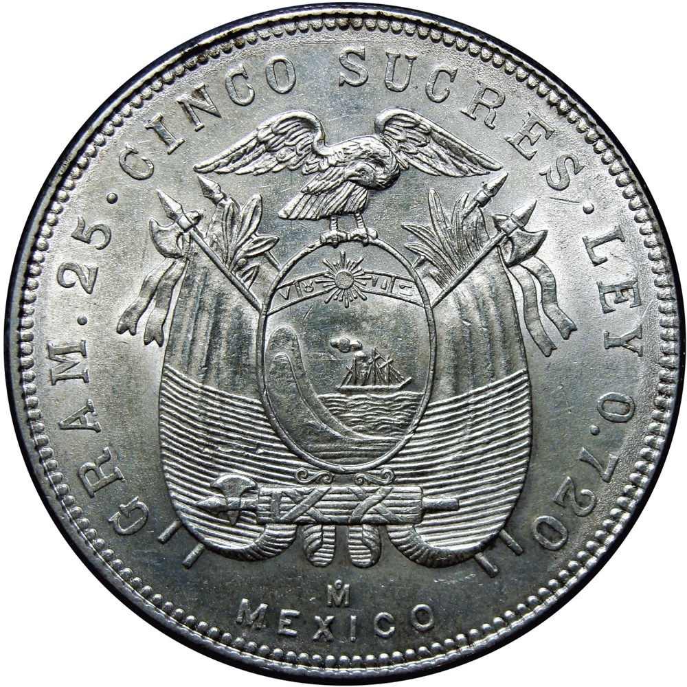 Ecuador Moneda de Plata Cinco - 5 Sucres 1944 Antonio José de Sucre  - Numisfila