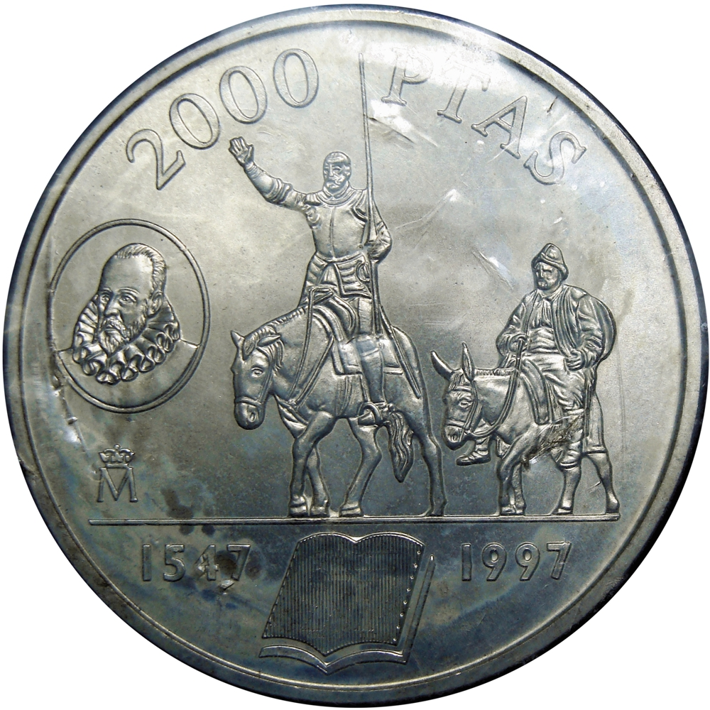España Moneda de Plata 2000 Pesetas 1997 Don Quijote y Sancho Panza Miguel de Cervantes - Numisfila