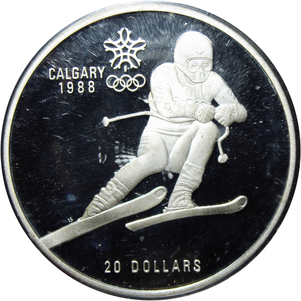 Canadá Moneda 20 Dollars 1985 Esquiador Calgary 1988 - Numisfila