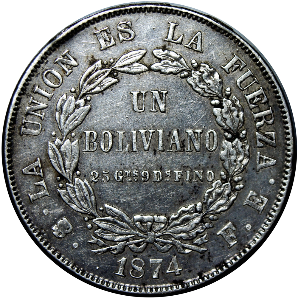 Bolivia Moneda de Plata Un Boliviano 1874 - Numisfila