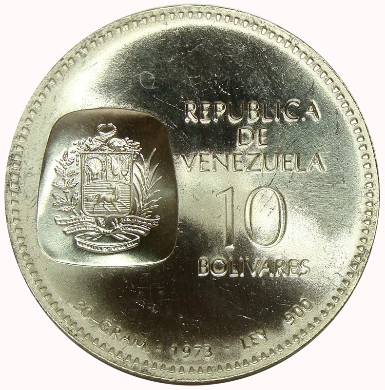 Moneda 10 Bolívares 1973 Doblón Canto al Derecho  - Numisfila