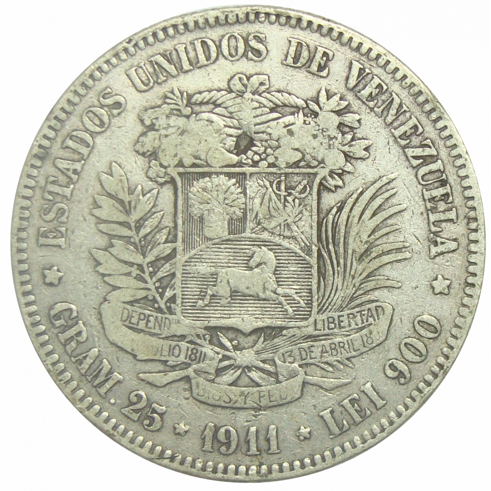 Moneda 5 Bolívares Plata 1911 Angosta  - Numisfila