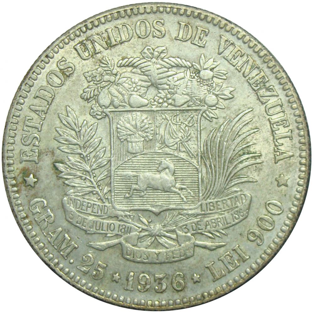 Excelente Moneda 5 Bolívares  Fuerte de 1936  - Numisfila