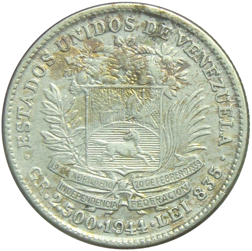 Moneda ½ Bolívar 1944 - Bolívar Acentuado 50 céntimos  - Numisfila