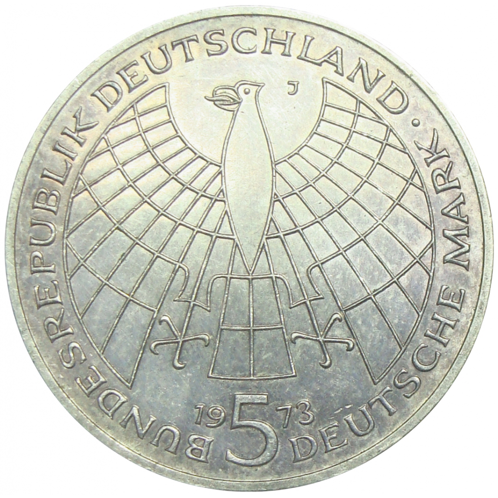 Moneda Plata Alemania Copérnico 5 Deutsche Mark 1973 500 Aniversario Nacimiento  - Numisfila