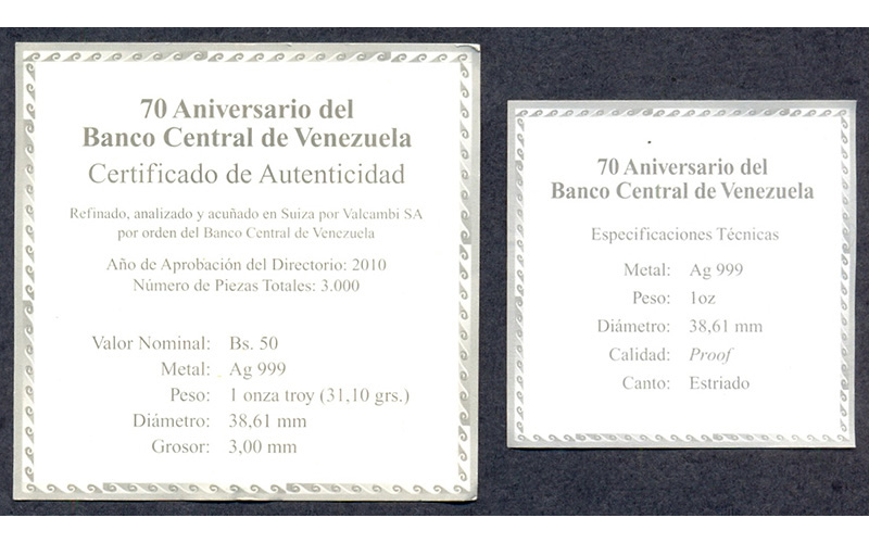 Moneda 70 Aniv Banco Central 50 Bolívares 2010  - Numisfila