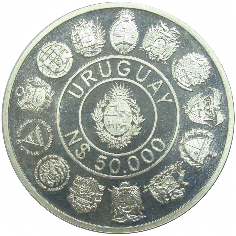 Moneda Uruguay 50.000 Nuevos Pesos 1991 Encuentro de Dos Mundos  - Numisfila