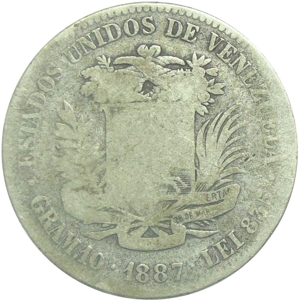 Moneda 2 Bolívares 1887 - 2do 8 Alto Difícil  - Numisfila