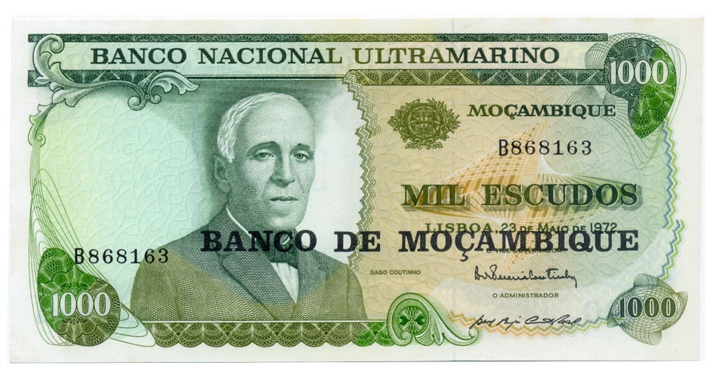 Billete Mozambique 1.000 Escudos 1972 Resello 1976 Gago Coutinho - Numisfila