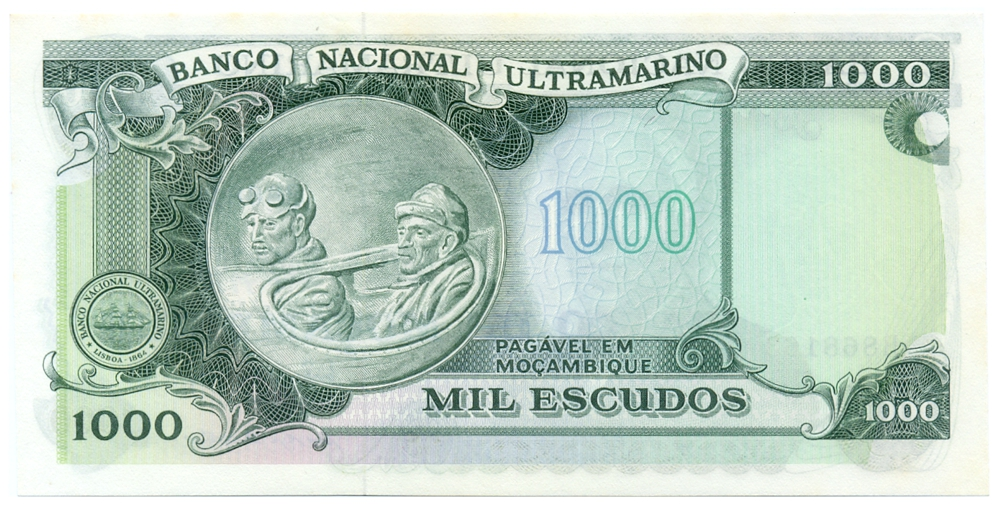 Billete Mozambique 1.000 Escudos 1972 Resello 1976 Gago Coutinho  - Numisfila