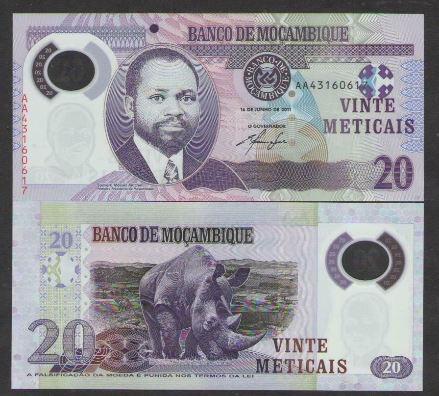 Billete Plastico Mozambique 20 Meticais de 2011 Rinoceronte - Numisfila