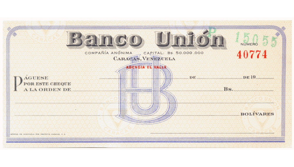 Cheque Antiguo del Banco Unión, Caracas Agencia El Valle Nro 40773  - Numisfila