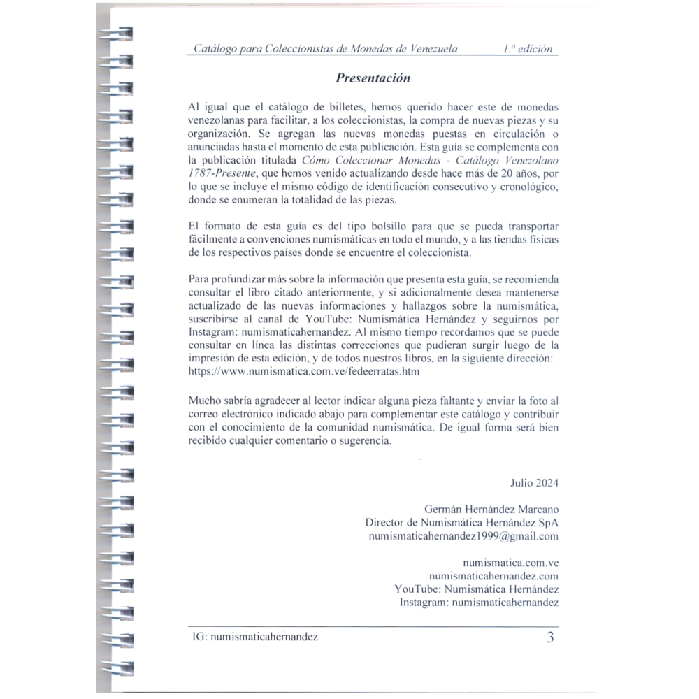 Libro 2025 Catálogo para Coleccionistas de Monedas de Venezuela 1787-Presente 1° Edición  - Numisfila