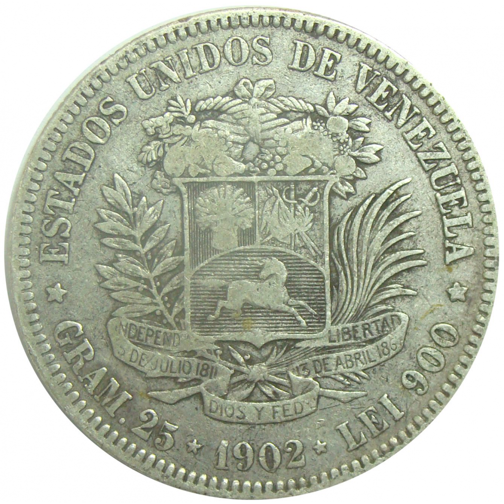 Moneda Plata 5 Bs Plata 1902 Fecha Ancha  - Numisfila