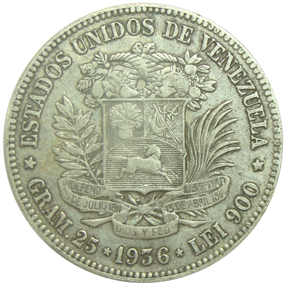 Moneda 5 Bolivares Plata 1936 Fecha Ancha  - Numisfila