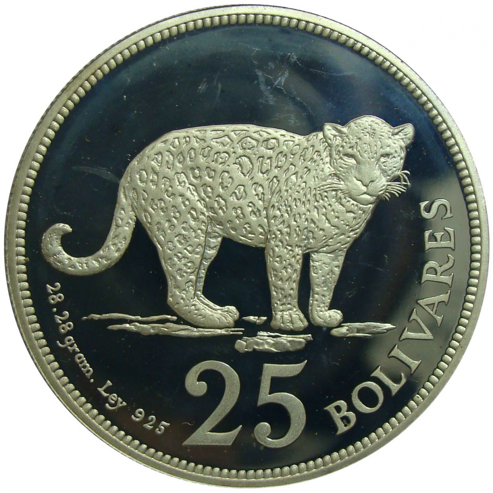 Jaguar Proof Moneda Plata 25 Bolivares 1975 Fauna - Numisfila