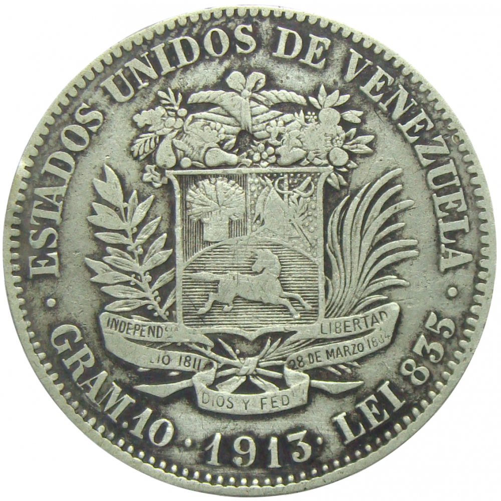 Moneda Plata 2 Bs 1913 Variante 3 Levantado - Numisfila