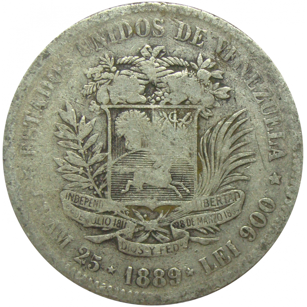 Moneda Plata 5 Bolivares Fuerte 1889  - Numisfila