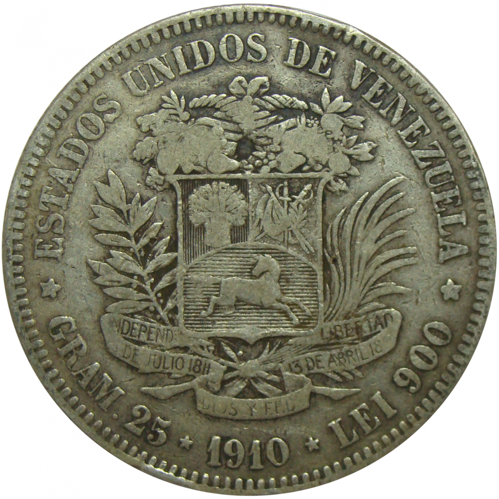 Moneda Plata 5 Bolivares Fuerte 1910 Ovalado - Numisfila
