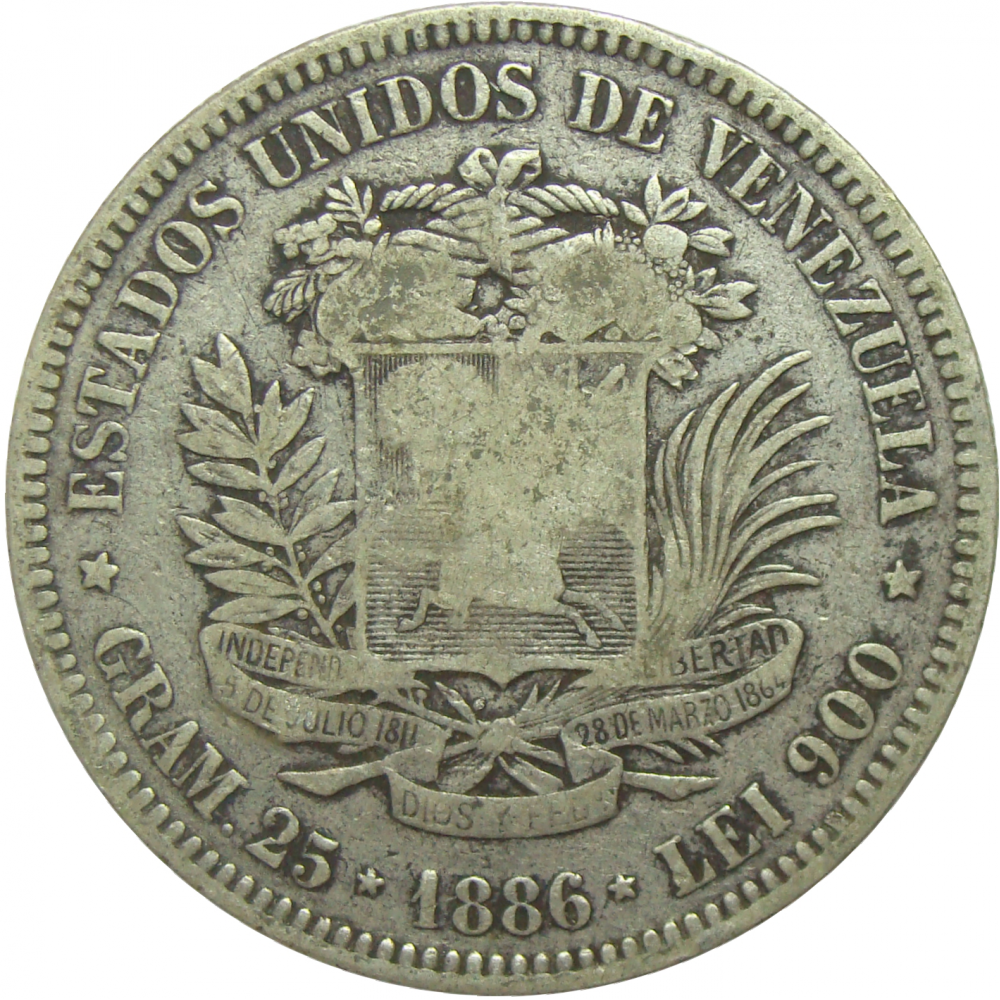 Moneda 5 Bolivares Fuerte 1886 Fecha Normal  - Numisfila