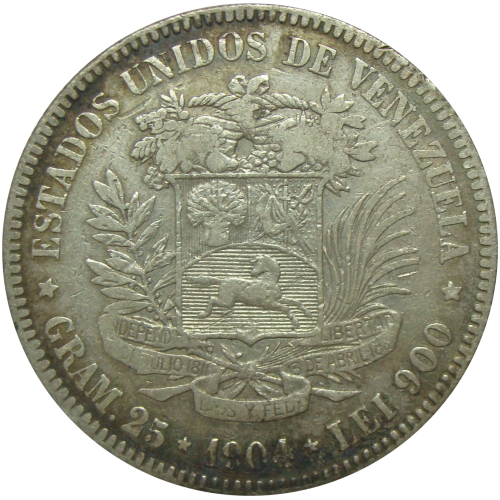 Moneda Plata 5 Bolivares Fuerte 1904 Dificil  - Numisfila