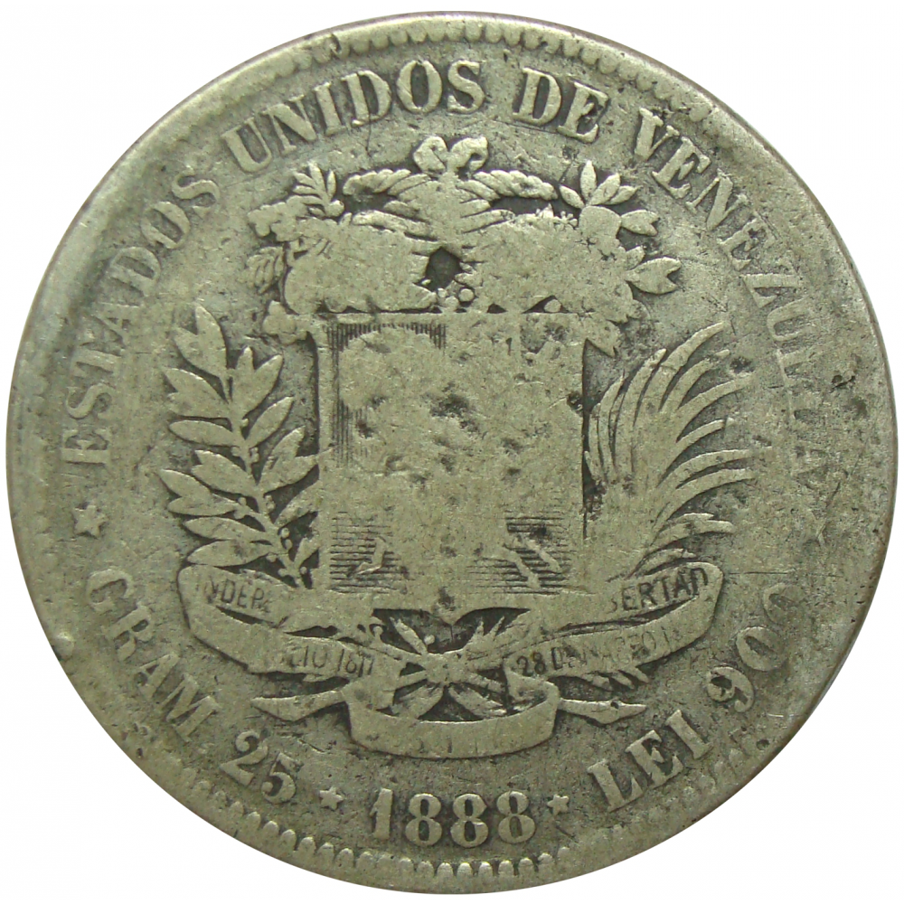 Moneda 5 Bolivares Fuerte 1888 2do 8 Alto  - Numisfila