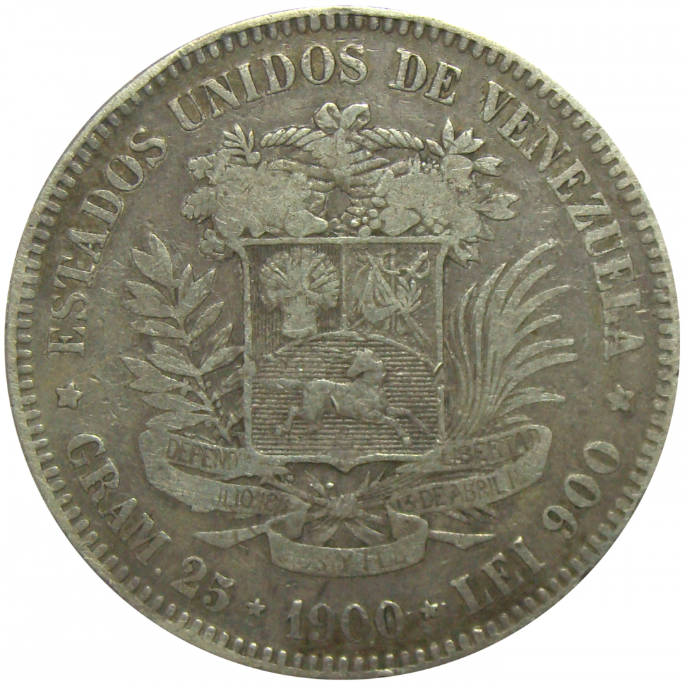 Moneda Plata 5 Bolivares Fuerte 1900  - Numisfila