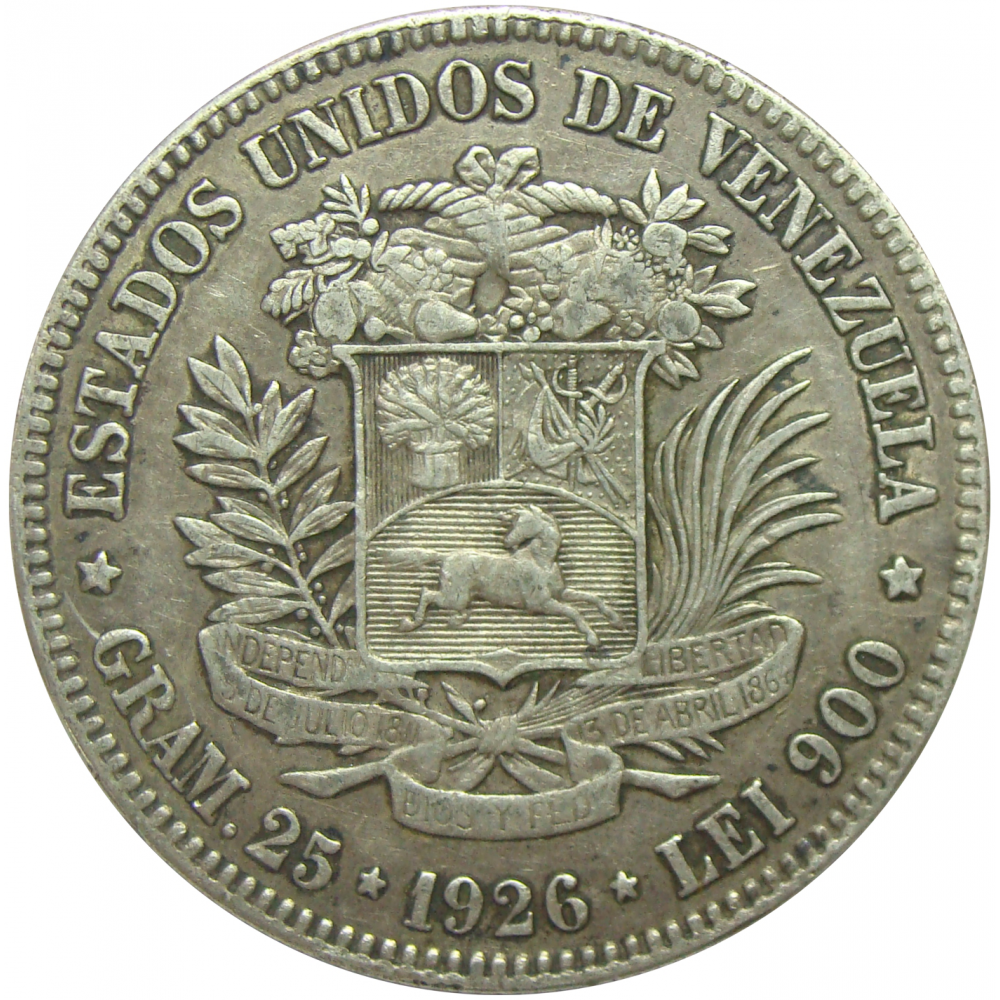 Moneda Plata 5 Bolívares - Fuerte 1926 Fecha Ancha - Numisfila