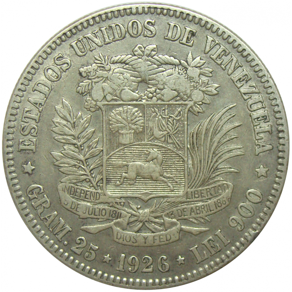 Moneda Plata 5 Bs 1926 Fecha Ancha  Fuerte - Numisfila