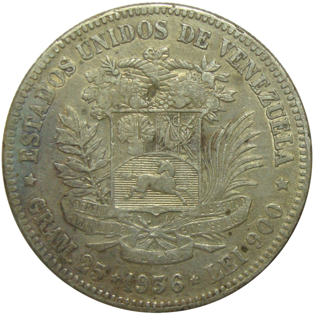 Moneda 5 Bolivares Plata 1936 Fecha Ancha - Numisfila