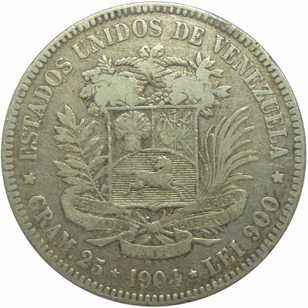 Moneda 5 Bolivares Fuerte 1904 Dificil - Numisfila