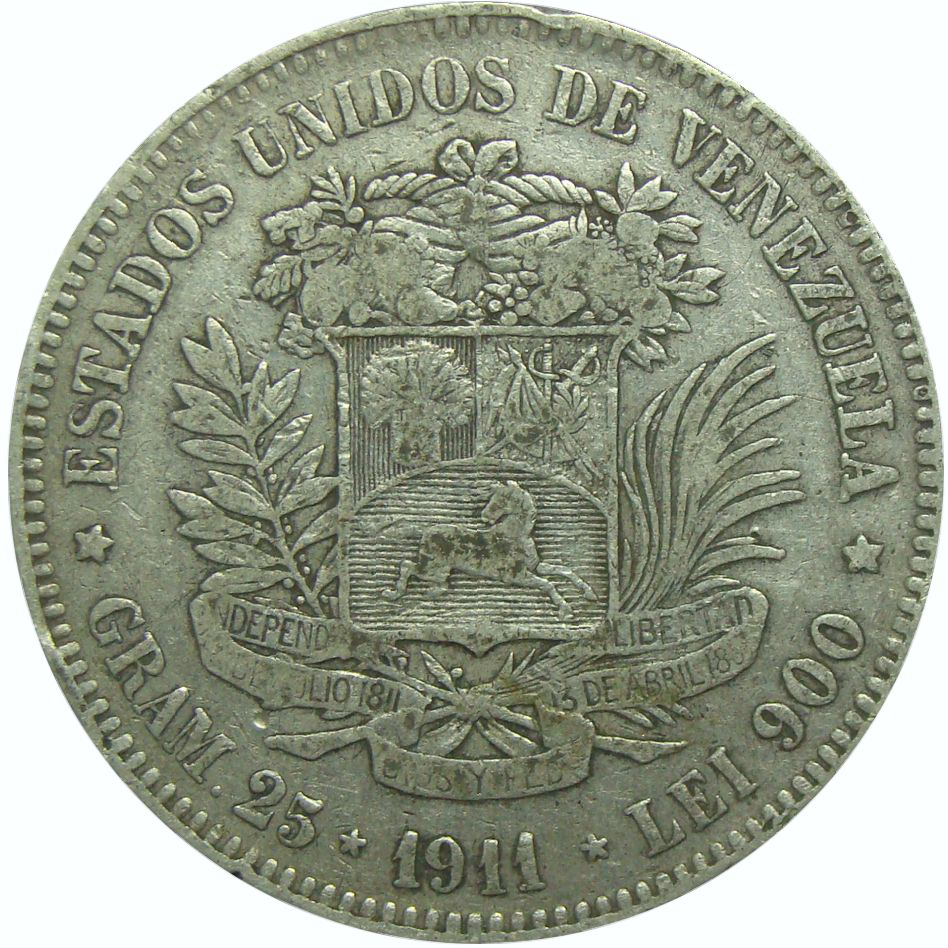 Moneda 5 Bolivares Plata 1911 Fecha Angosta  - Numisfila