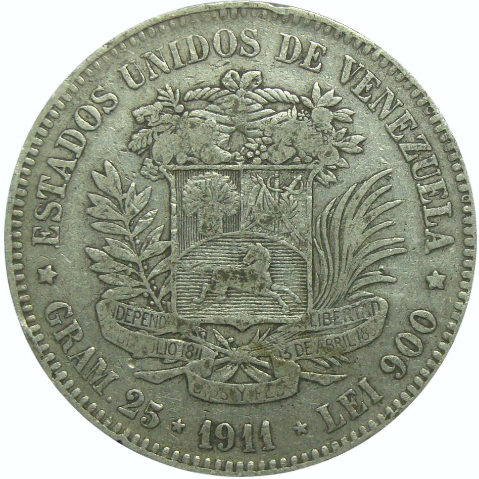 Moneda 5 Bolivares Plata 1911 Fecha Angosta - Numisfila