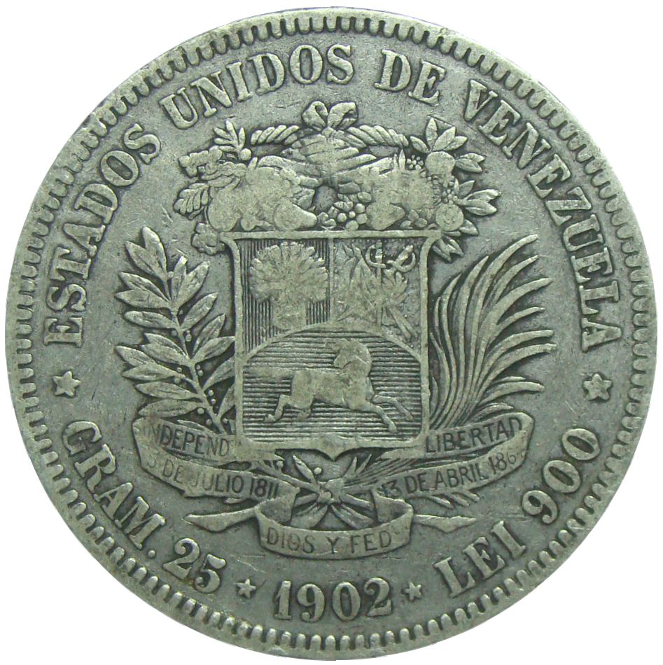 Moneda Plata 5 Bs 1902 Fuerte Fecha Angosta - Numisfila