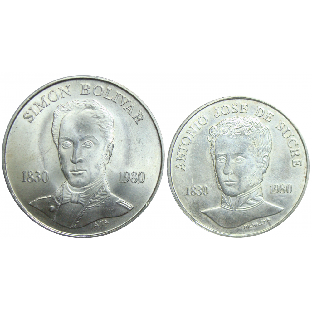 Pareja Bolívar y Sucre 1980 Monedas 100 y 75 Bolívares - Numisfila