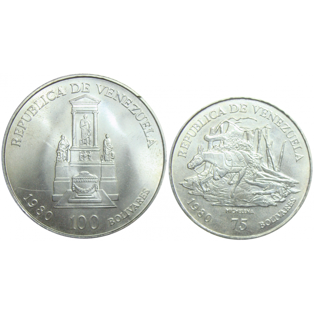 Pareja Bolívar y Sucre 1980 Monedas 100 y 75 Bolívares  - Numisfila