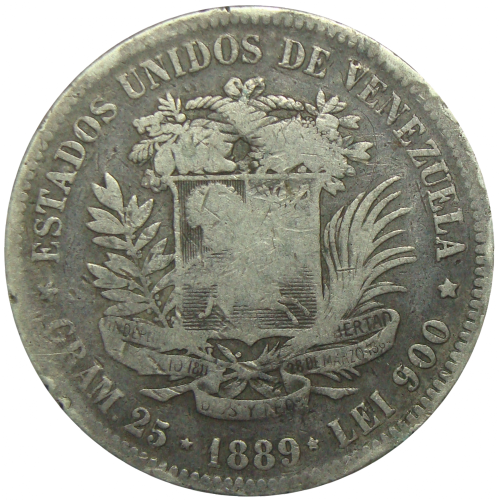 Moneda Plata 5 Bolivares Fuerte 1889 - Numisfila