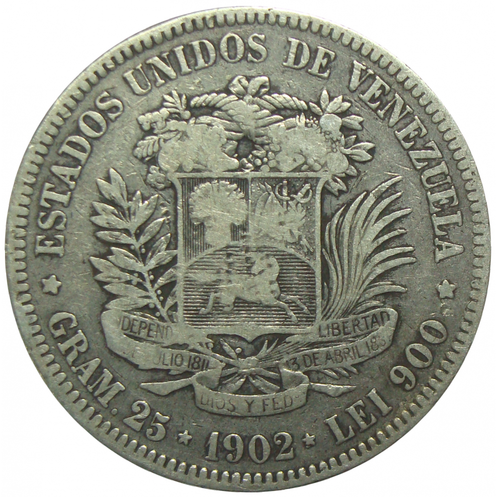 Moneda Plata 5 Bs Fuerte 1902 Fecha Ancha  - Numisfila