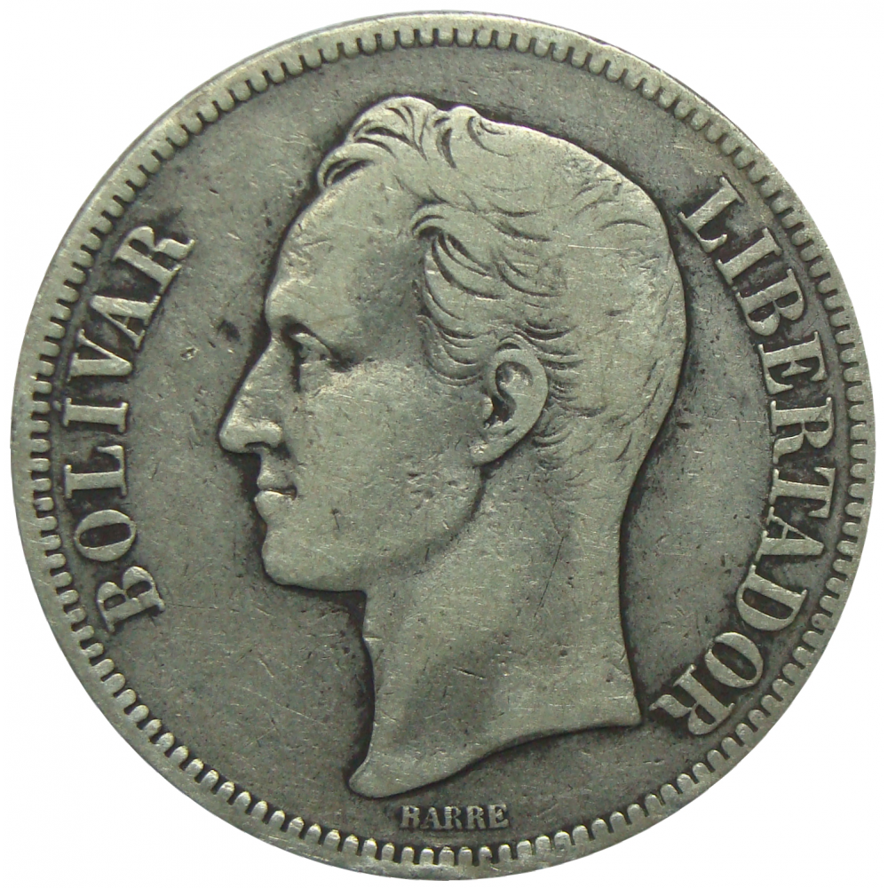 Moneda Plata 5 Bs Fuerte 1902 Fecha Ancha  - Numisfila