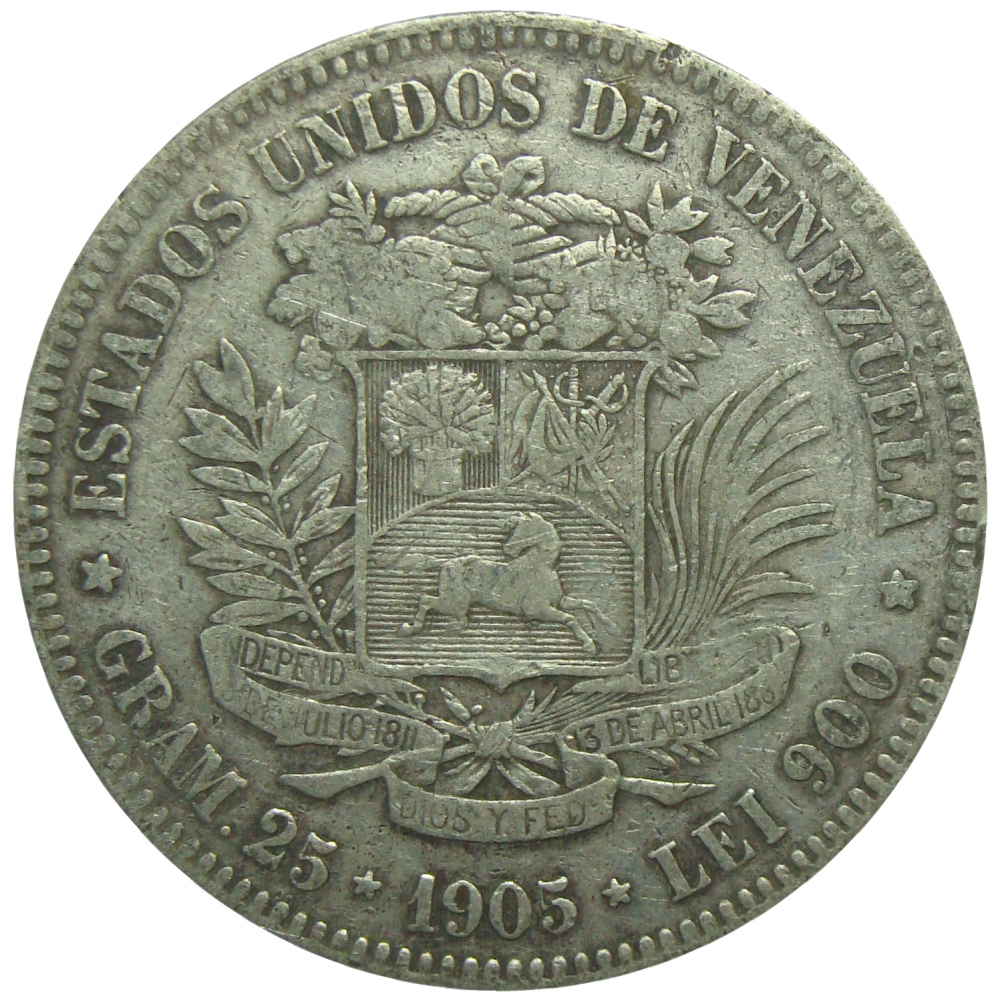 Moneda Plata 5 Bolivares Fuerte 1905  - Numisfila